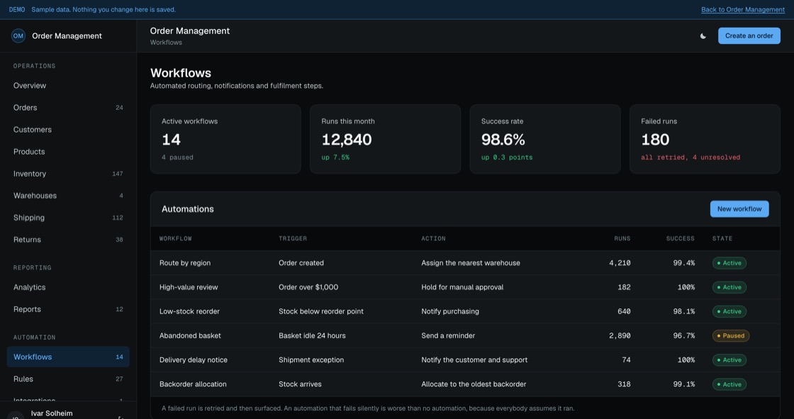 Automation list showing each workflow trigger, action, run count, success rate and whether it is active or paused