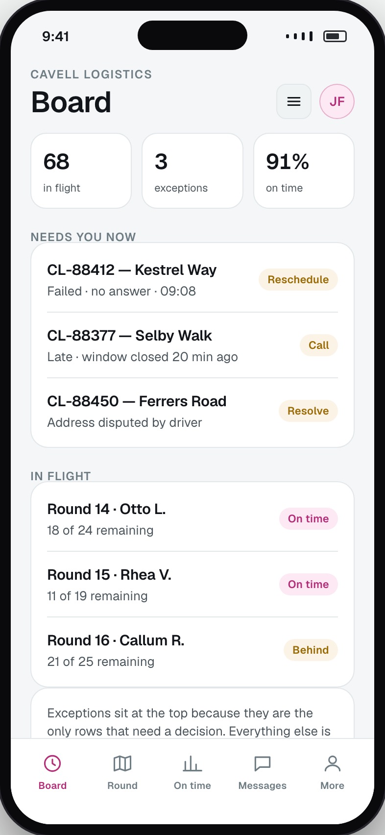 Dispatch board showing every consignment in flight with status and exceptions