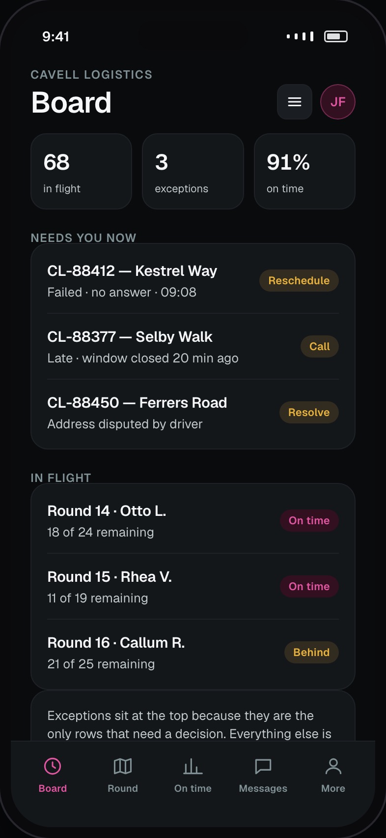 Dispatch board showing every consignment in flight with status and exceptions