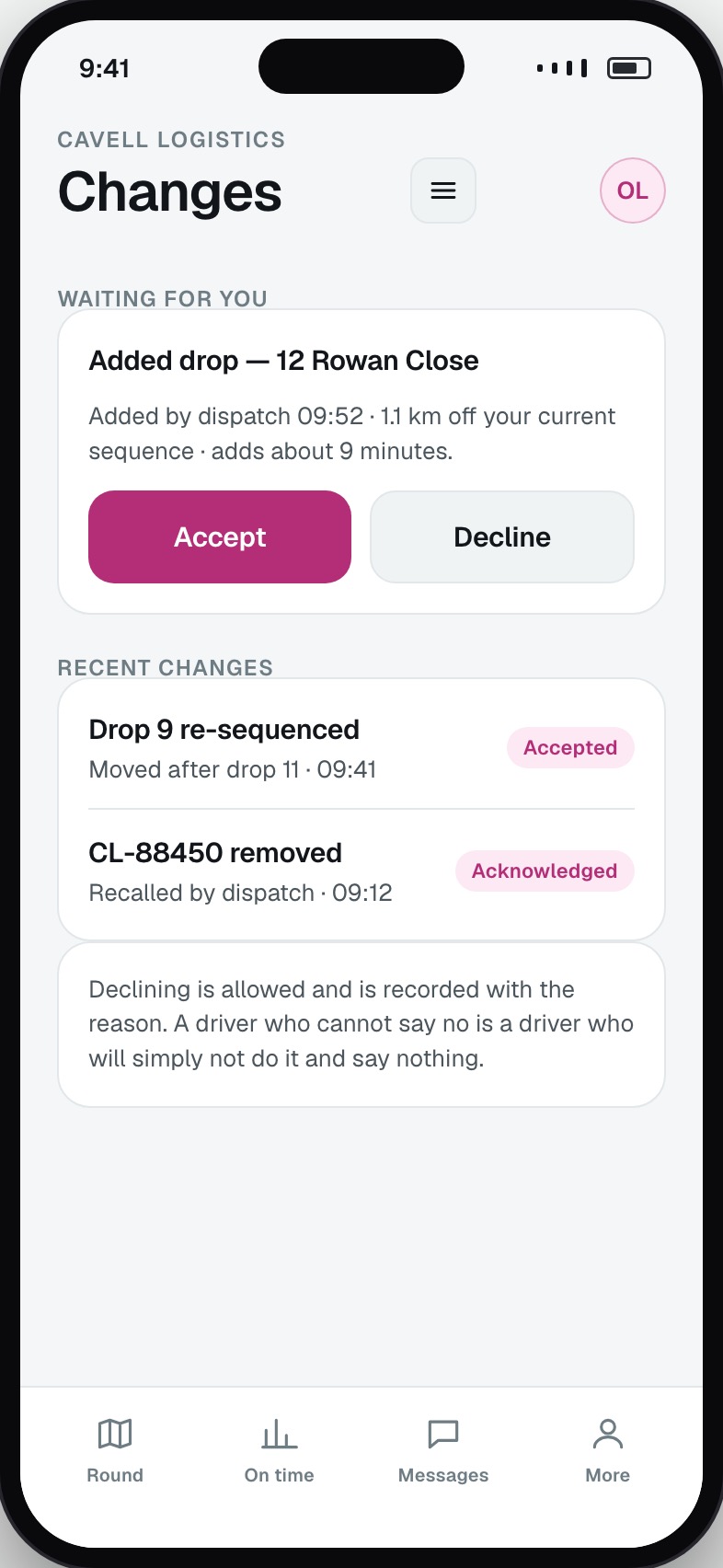 Changes pushed to a driver mid-round with accept or decline
