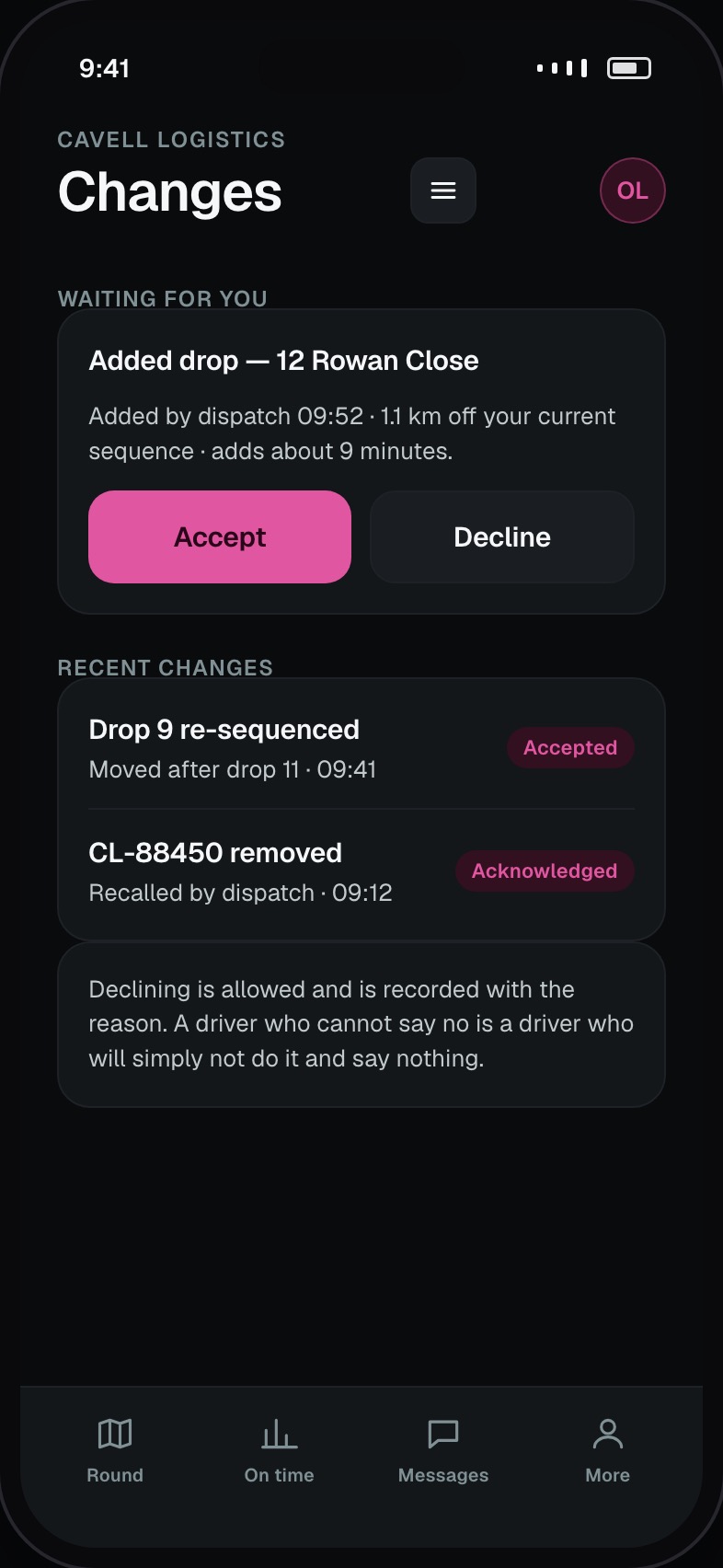 Changes pushed to a driver mid-round with accept or decline