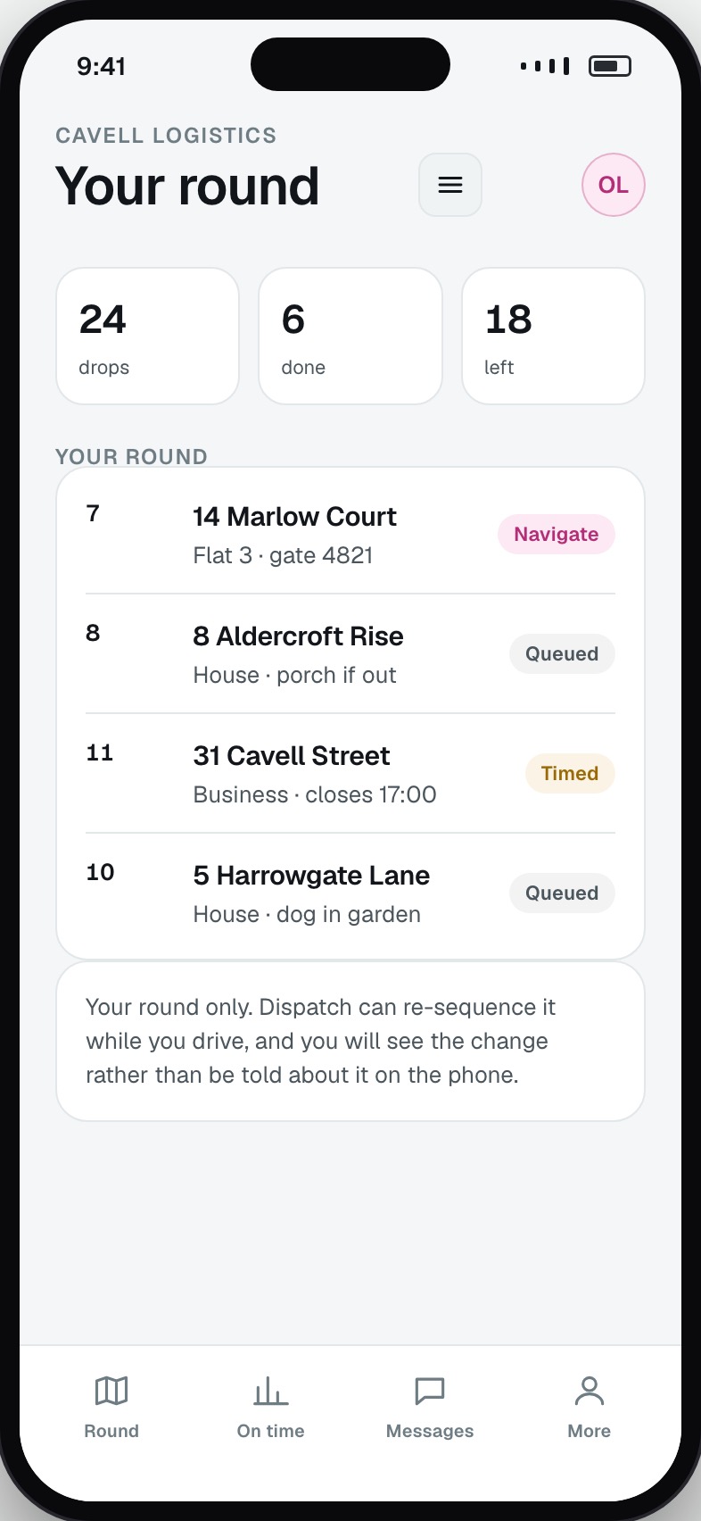 Driver view of their own round in sequence with progress