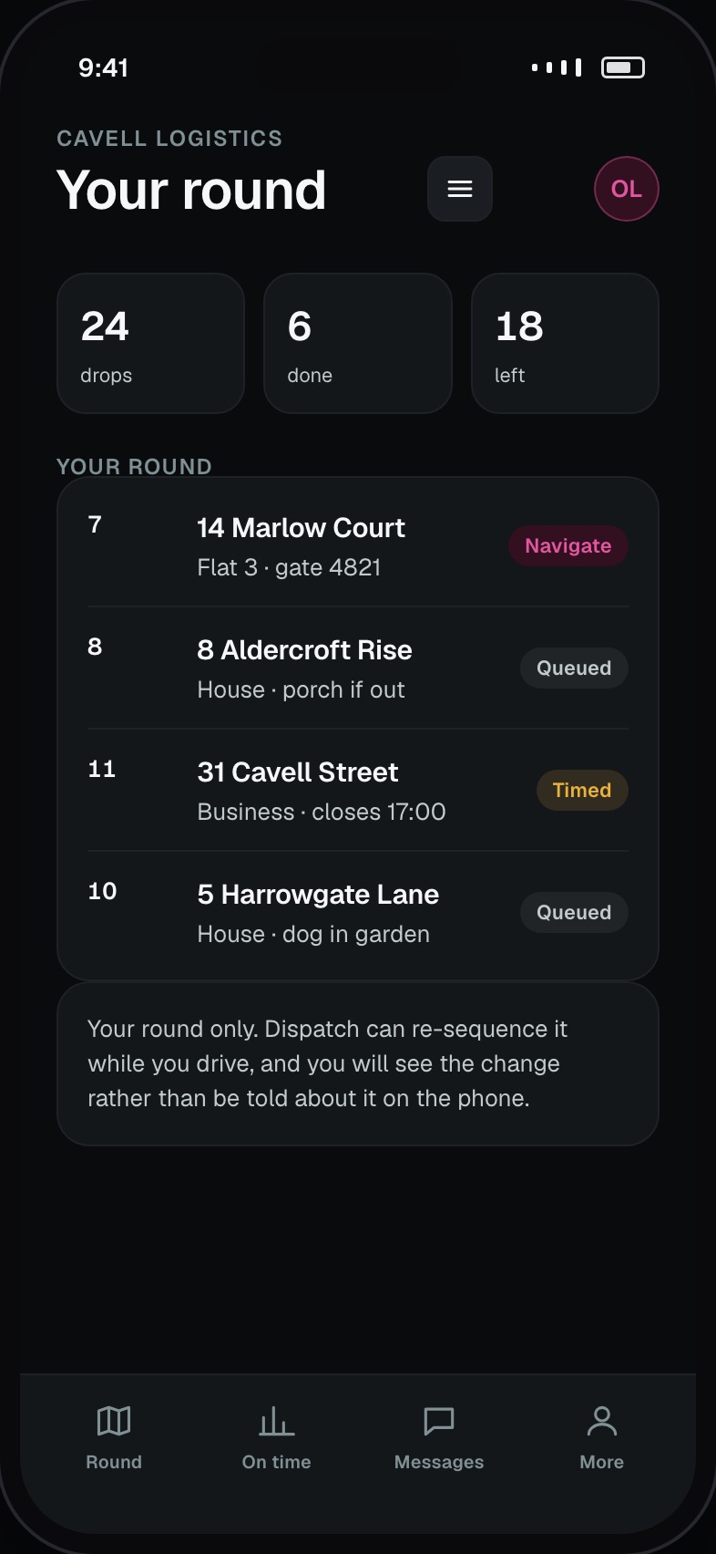 Driver view of their own round in sequence with progress