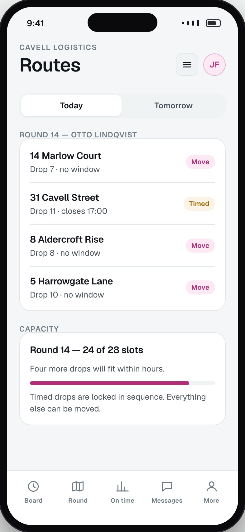 Route management with drops sequenced per driver and time windows