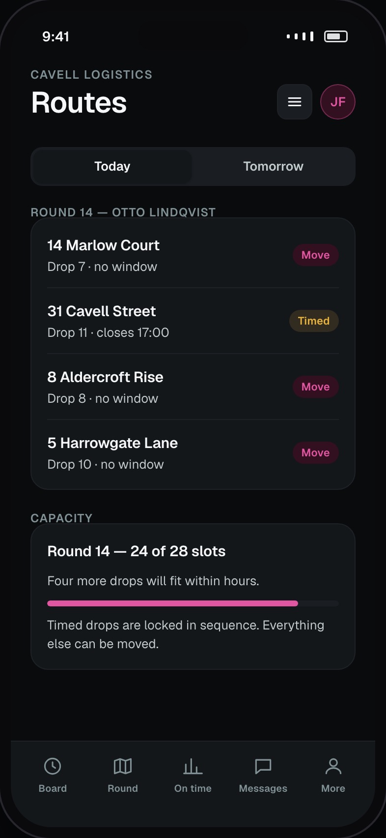 Route management with drops sequenced per driver and time windows