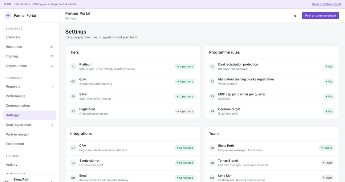 Tier thresholds, programme rules such as protection windows and funding caps, integrations and the internal team