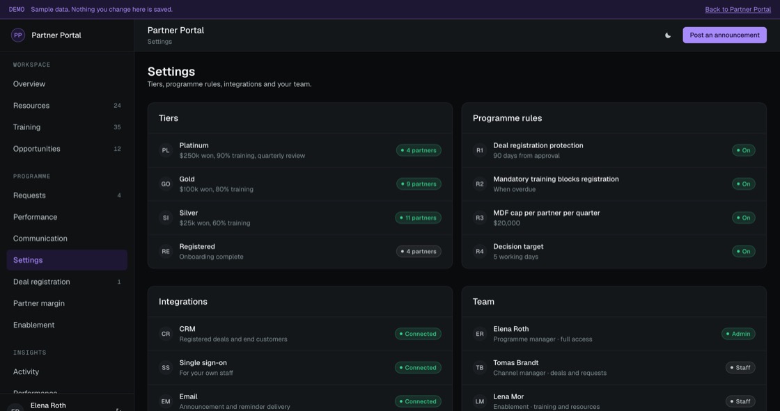 Tier thresholds, programme rules such as protection windows and funding caps, integrations and the internal team