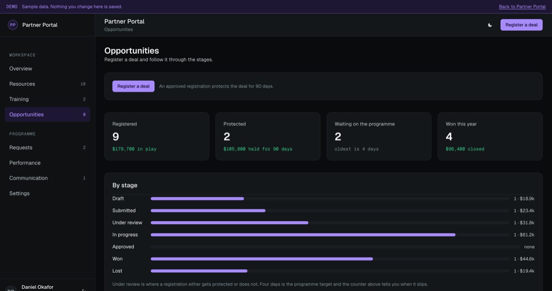 A partner list of registered deals with end customer, value, protection expiry date and stage