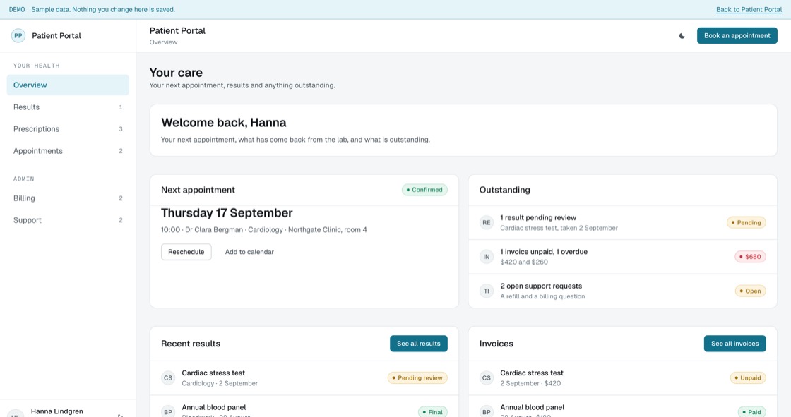 Patient overview with the next appointment, outstanding results, unpaid invoices, open requests and recent results