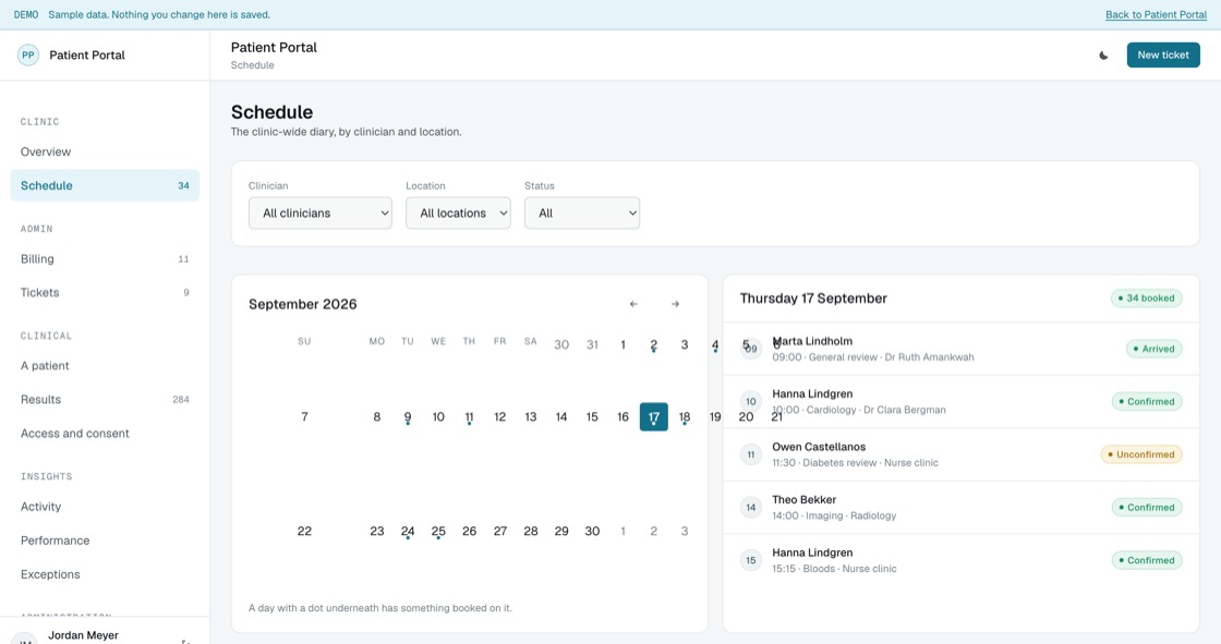 Clinic-wide calendar filtered by clinician and location, with the selected day listed by time and status