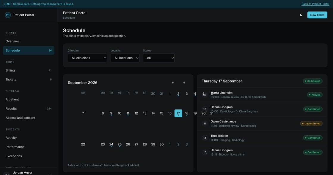 Clinic-wide calendar filtered by clinician and location, with the selected day listed by time and status