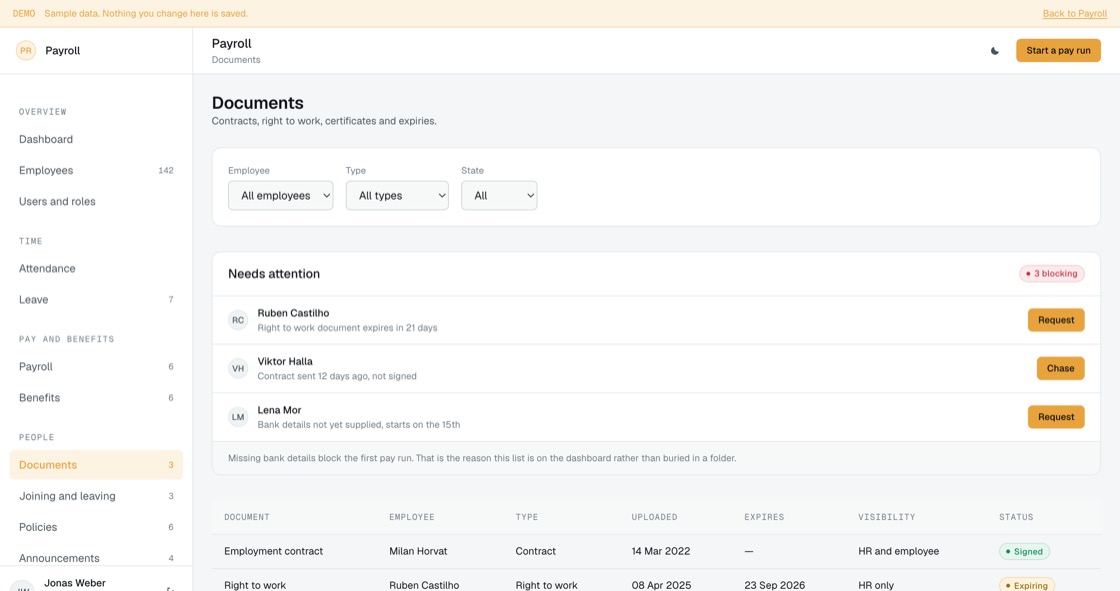 Employee documents with type, expiry and visibility, and the ones blocking a first pay run flagged