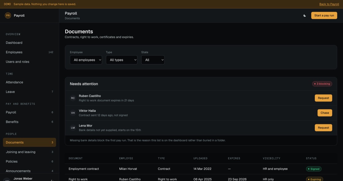 Employee documents with type, expiry and visibility, and the ones blocking a first pay run flagged