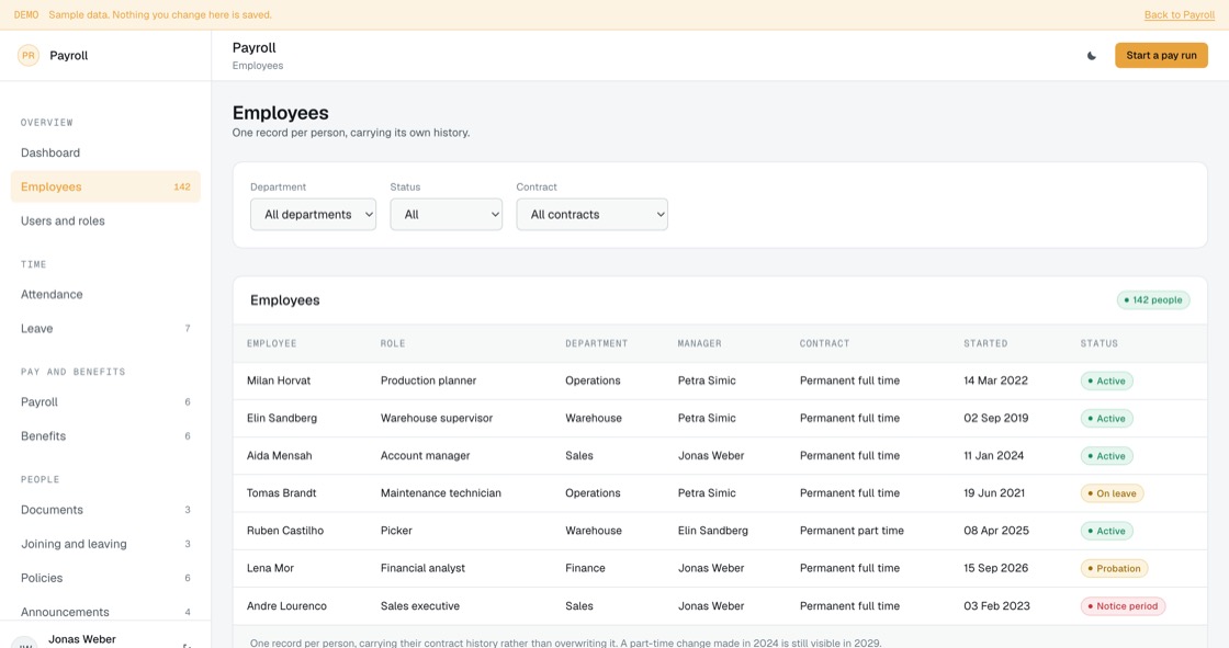 Employee records with role, department, manager, contract type, start date and status