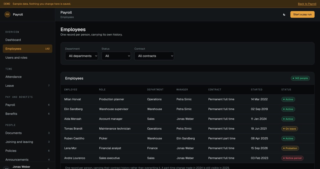 Employee records with role, department, manager, contract type, start date and status