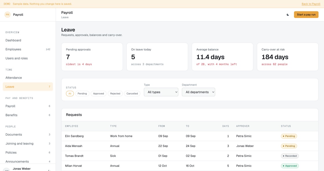 Leave requests by type and status with dates, day counts, approver and rejection reasons