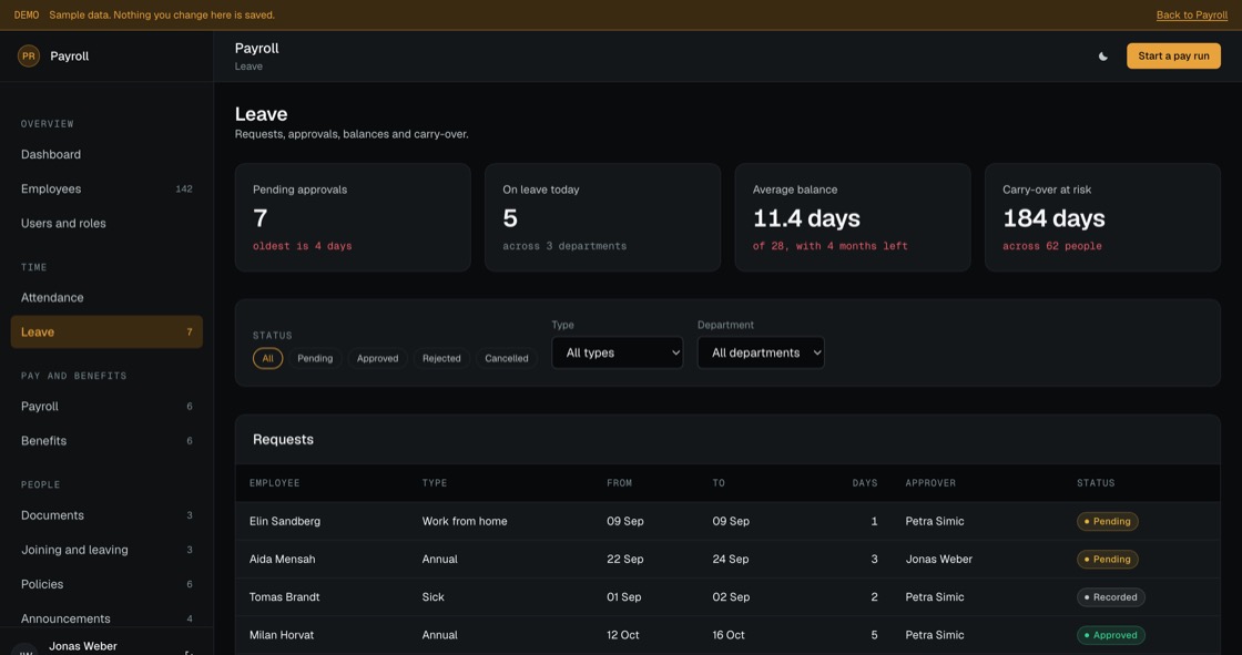 Leave requests by type and status with dates, day counts, approver and rejection reasons