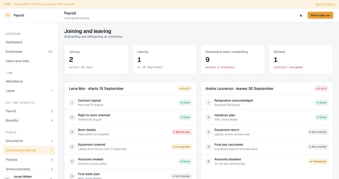 Onboarding and offboarding checklists per person, showing which tasks are done, blocked or not started