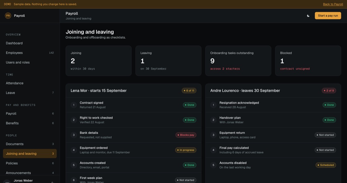 Onboarding and offboarding checklists per person, showing which tasks are done, blocked or not started