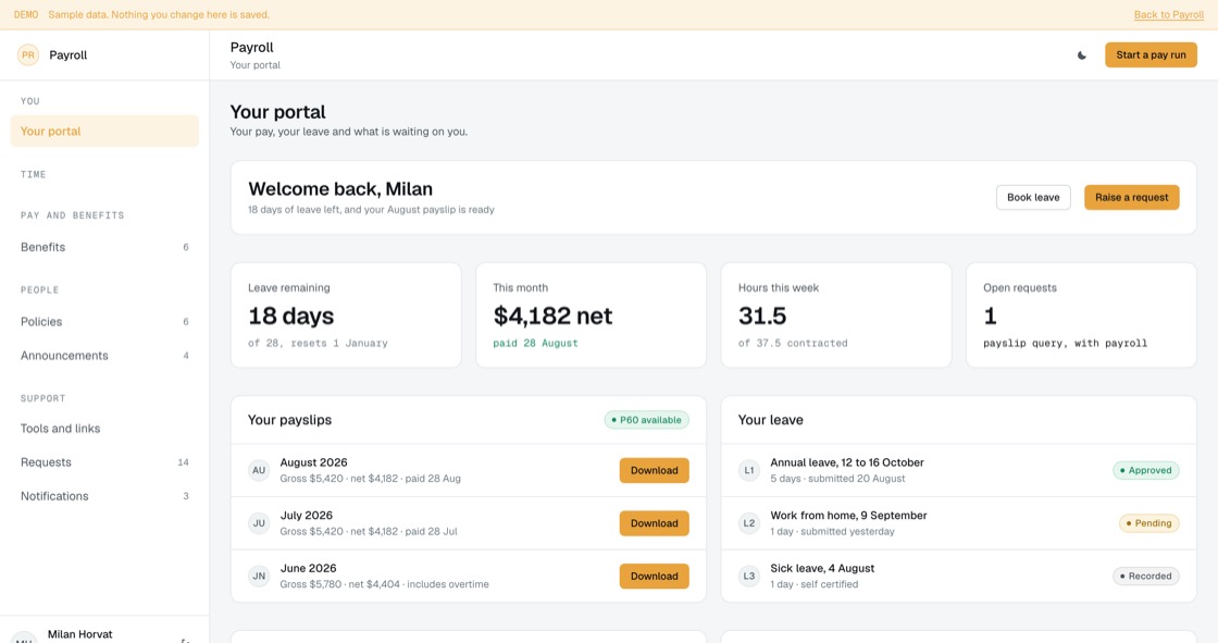 Employee portal showing leave remaining, latest payslip, hours this week, payslip history and what needs their attention