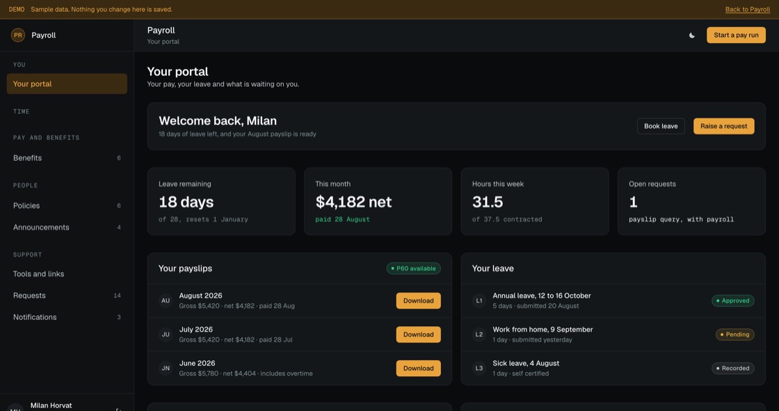 Employee portal showing leave remaining, latest payslip, hours this week, payslip history and what needs their attention