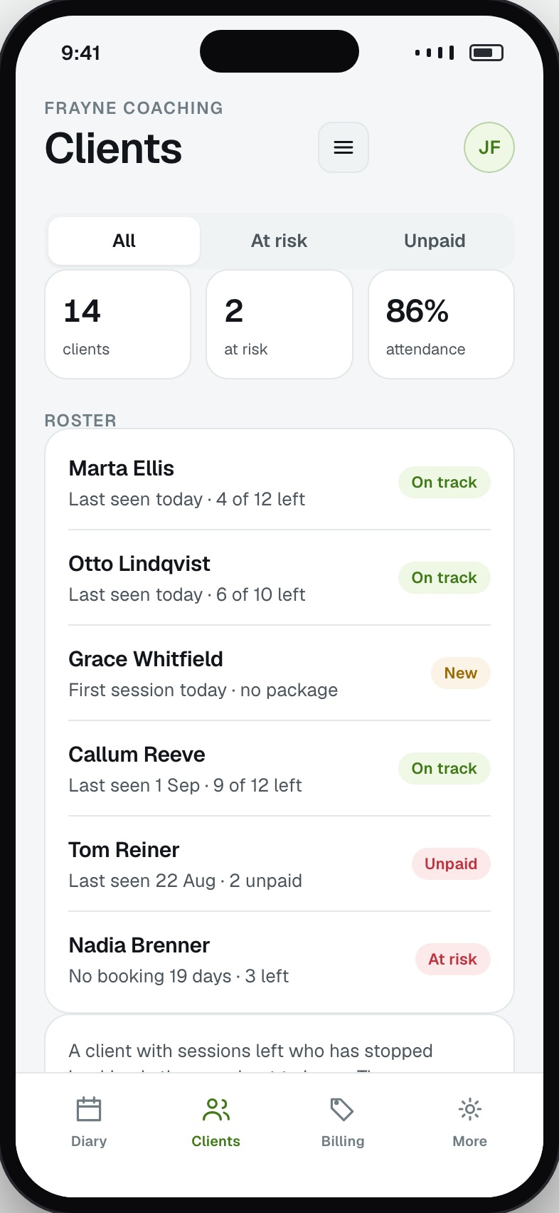 Trainer client roster with last visit, package balance and programme progress