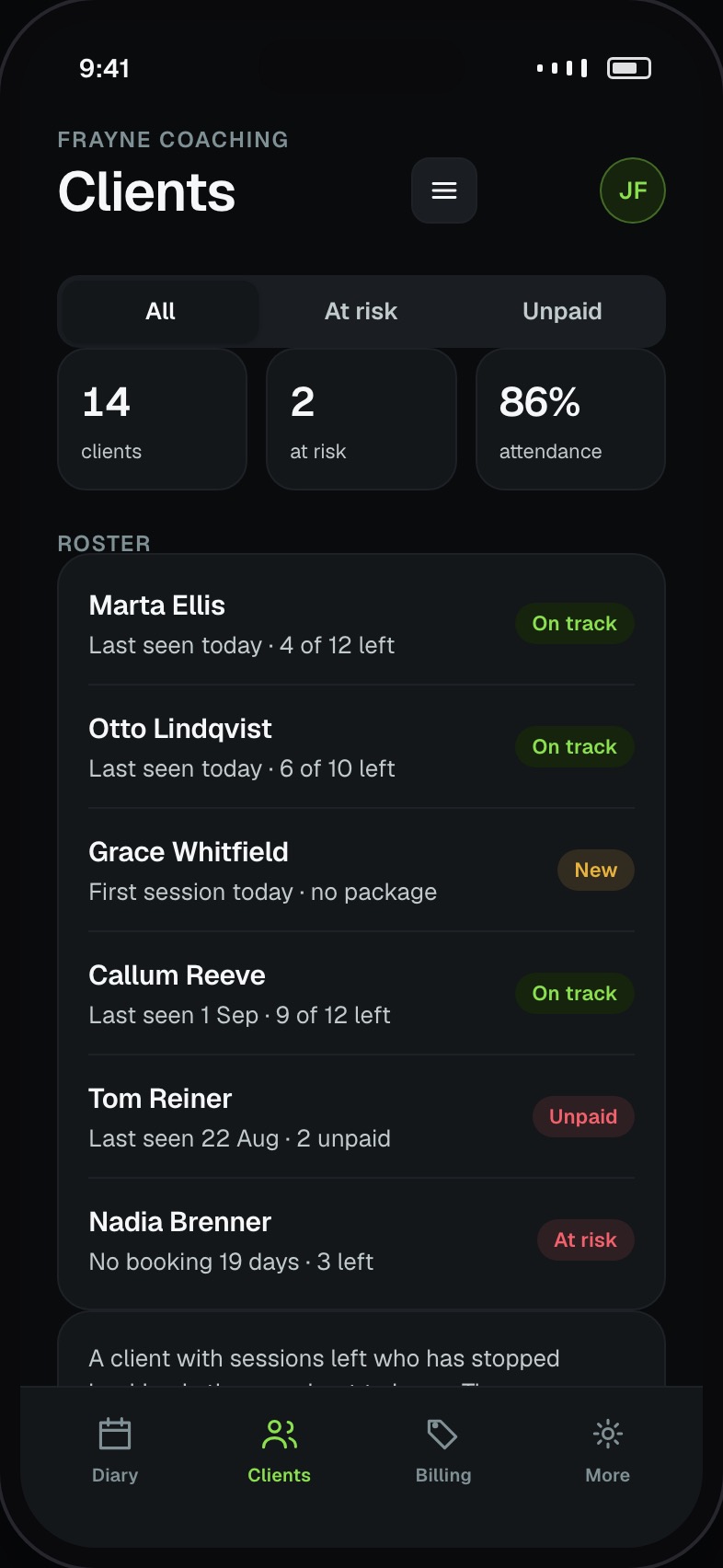 Trainer client roster with last visit, package balance and programme progress