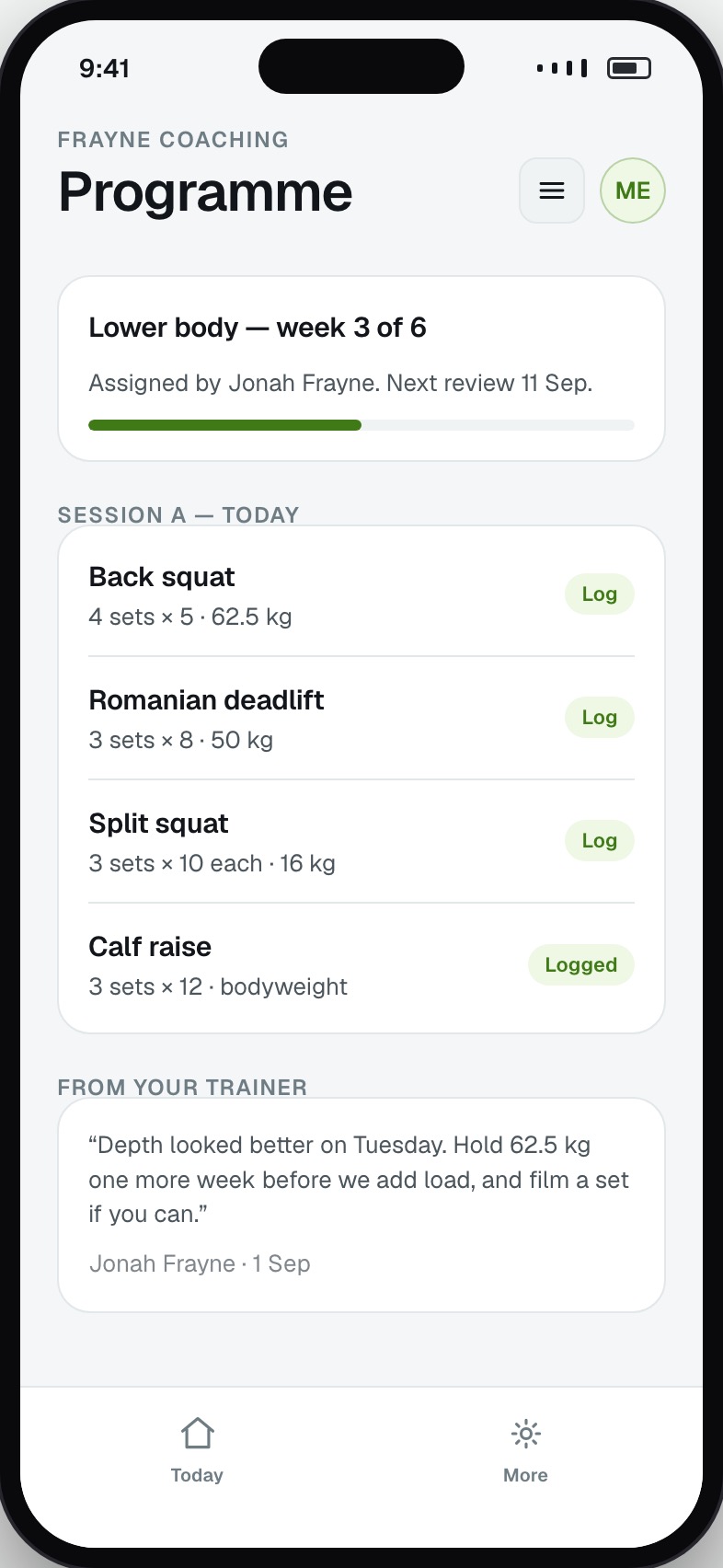 Assigned training programme showing sets, reps and load with a note from the trainer
