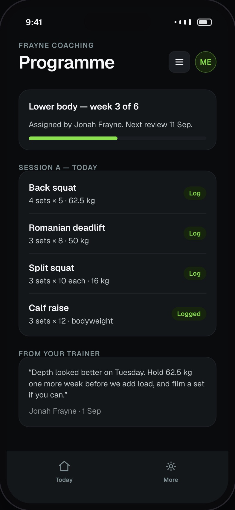 Assigned training programme showing sets, reps and load with a note from the trainer