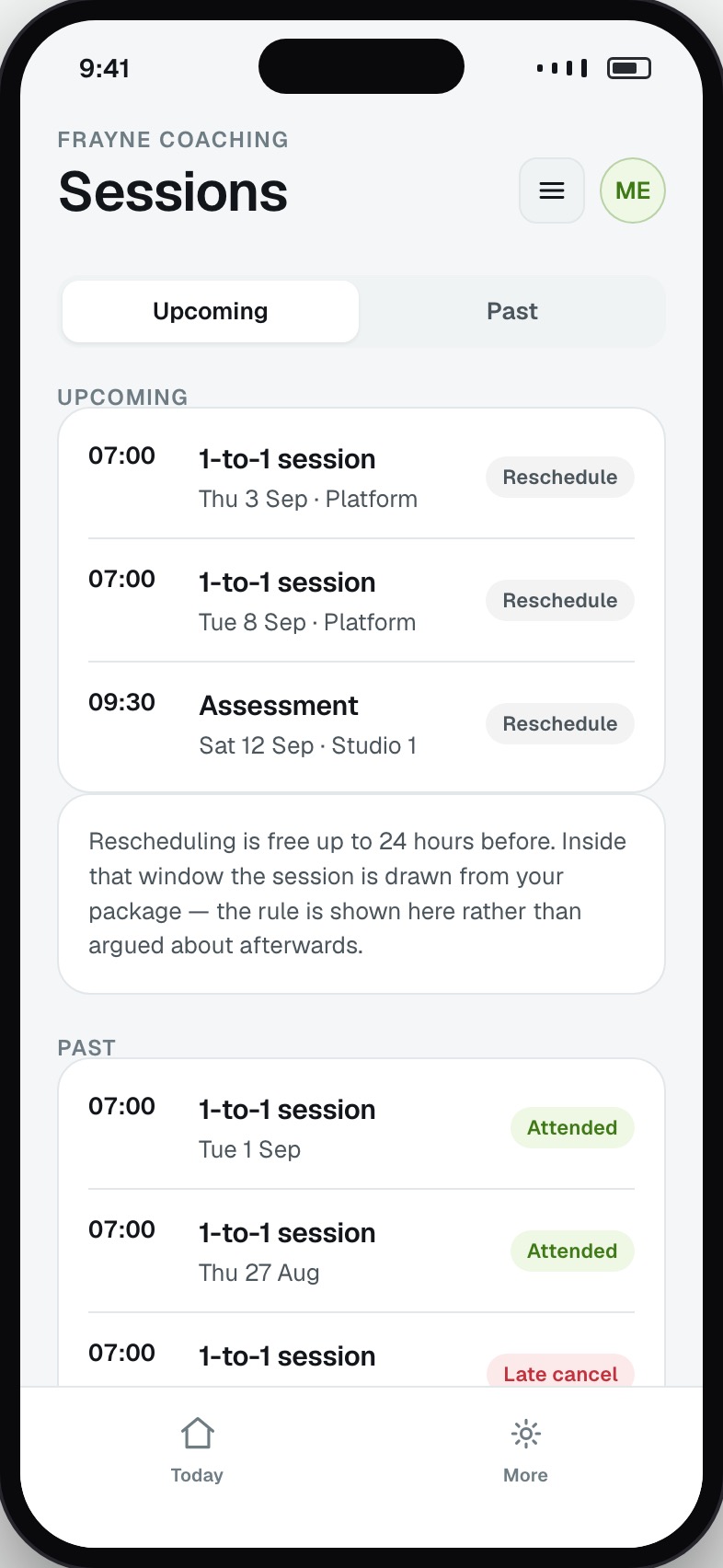 Client session list with upcoming bookings, package balance and past attendance