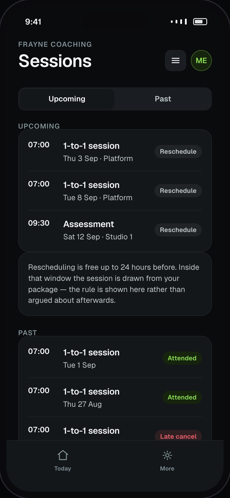 Client session list with upcoming bookings, package balance and past attendance