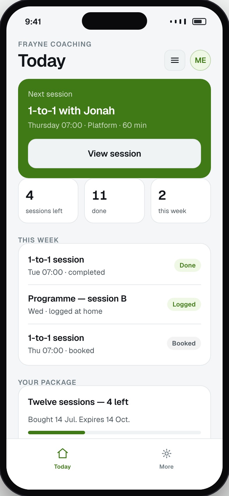 Personal trainer client home showing the next session, package balance and this week’s plan