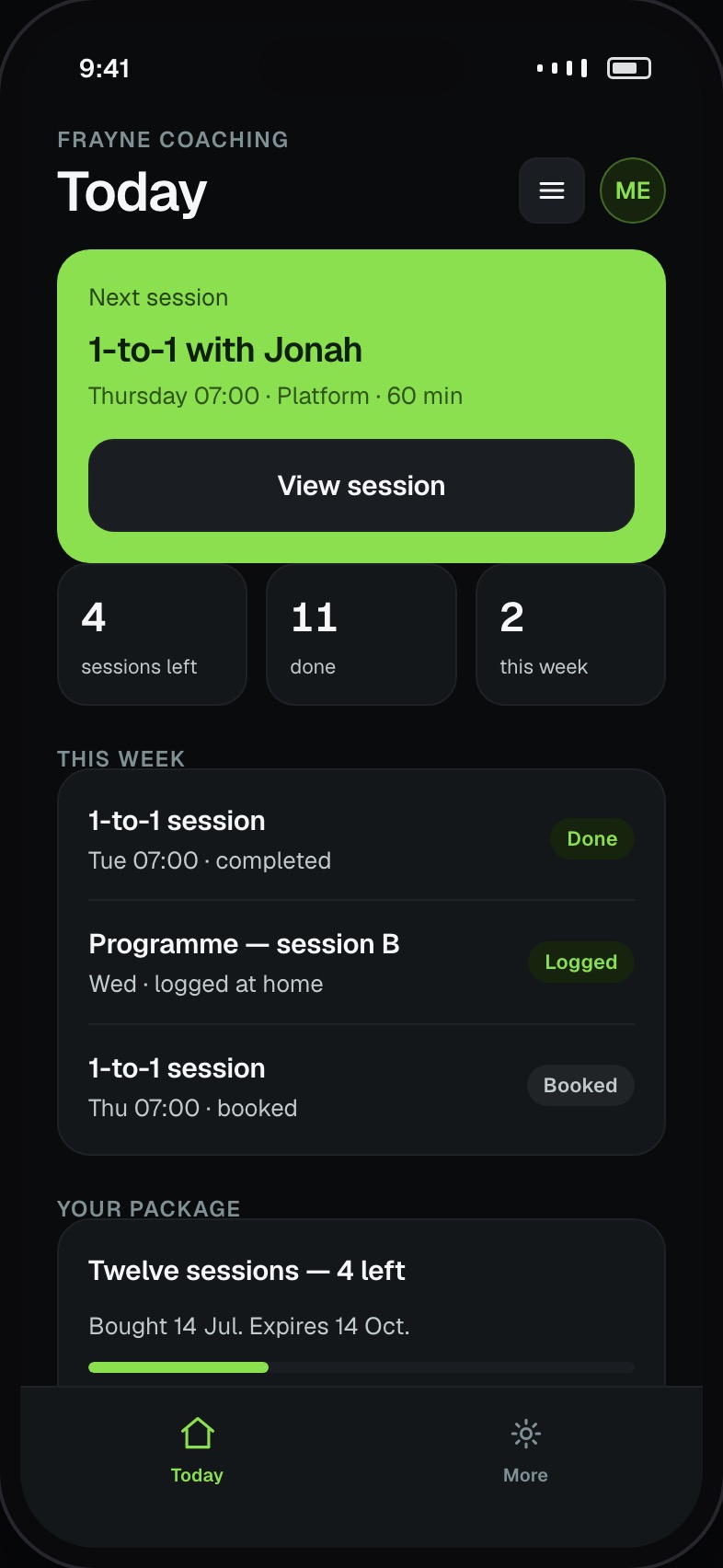 Personal trainer client home showing the next session, package balance and this week’s plan