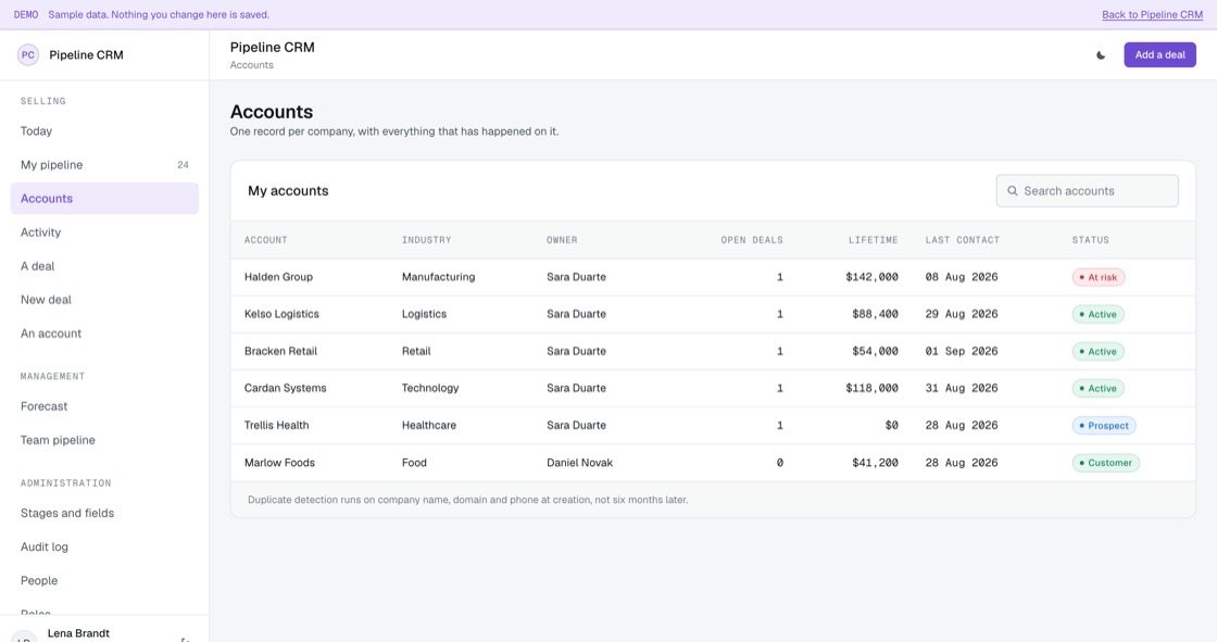 Account records with industry, owner, open deals, lifetime value and last contact