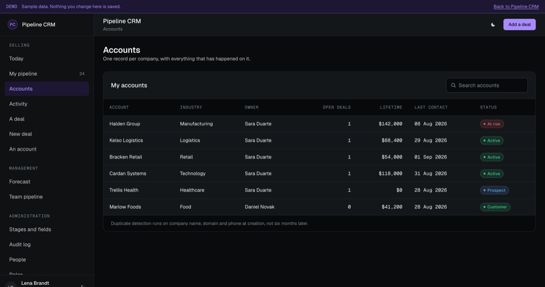 Account records with industry, owner, open deals, lifetime value and last contact