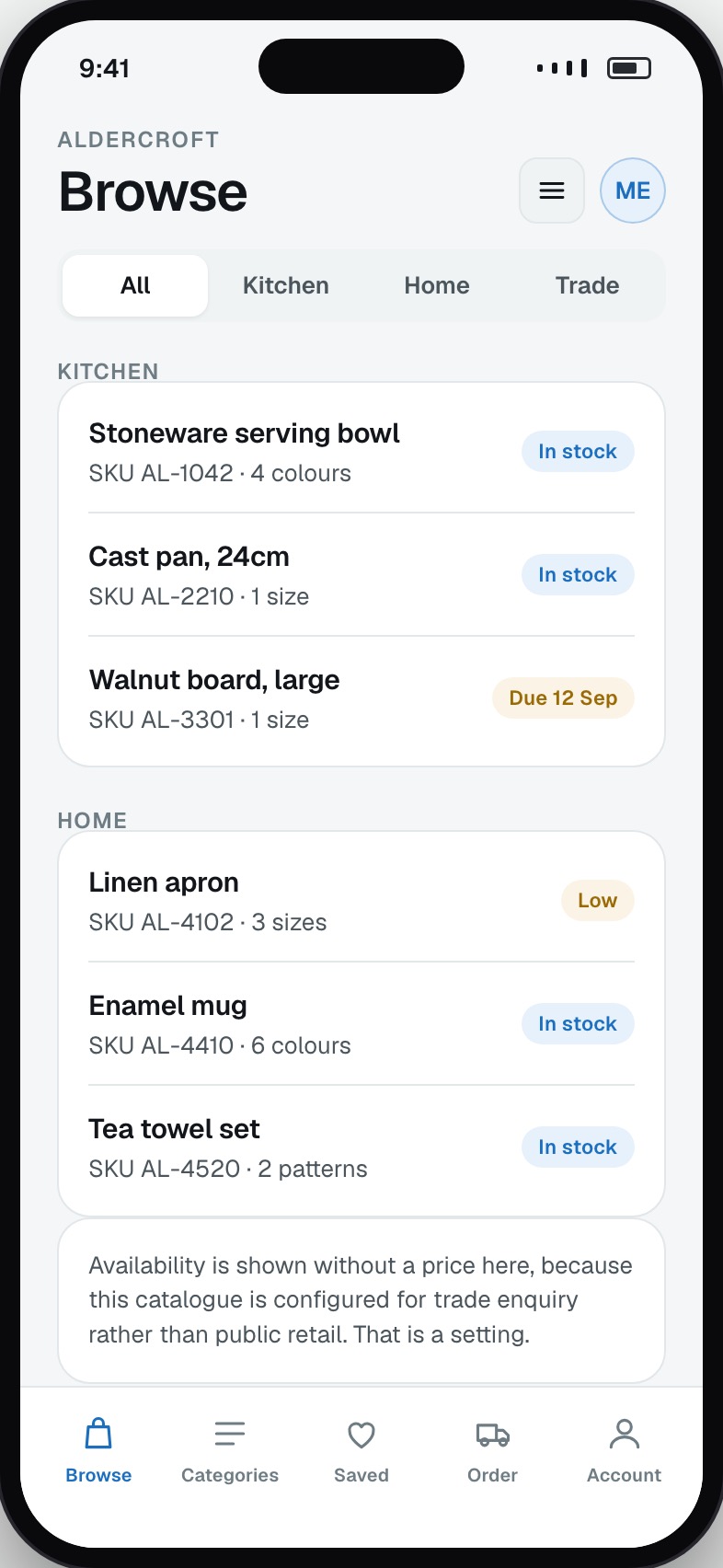 Product catalogue grid by category with availability per item
