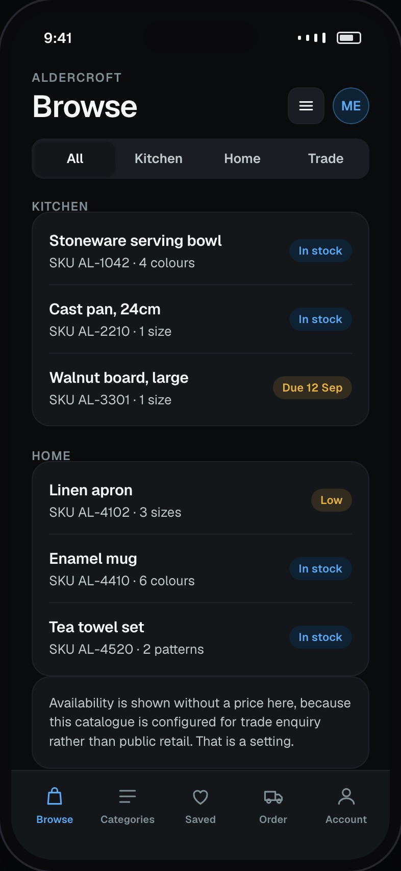 Product catalogue grid by category with availability per item