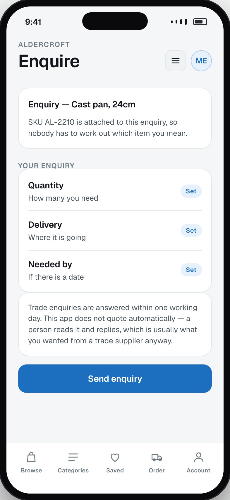 Product enquiry form with the item attached and expected response time