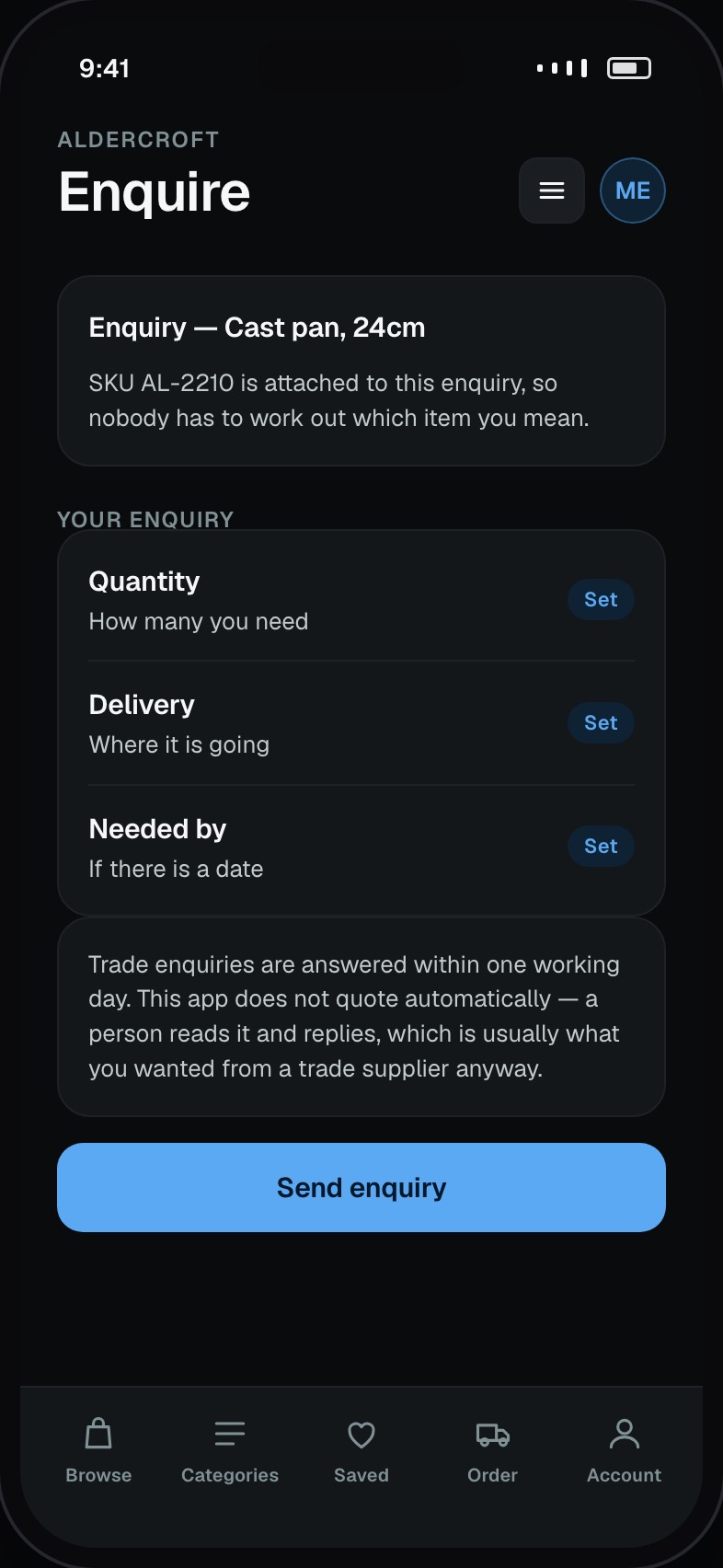 Product enquiry form with the item attached and expected response time
