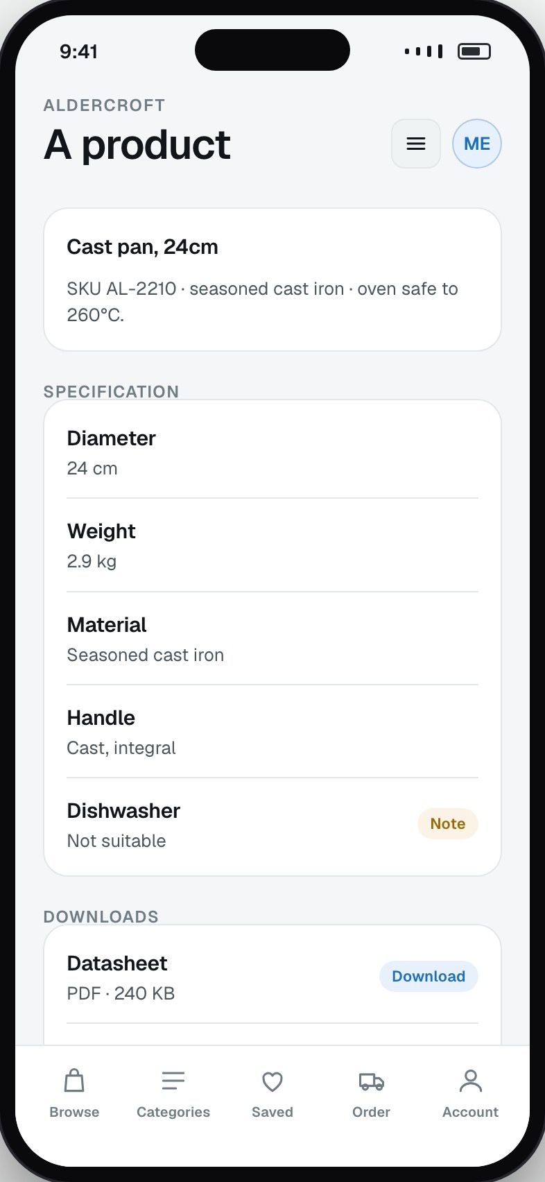 Product detail with specifications, variants, downloads and availability