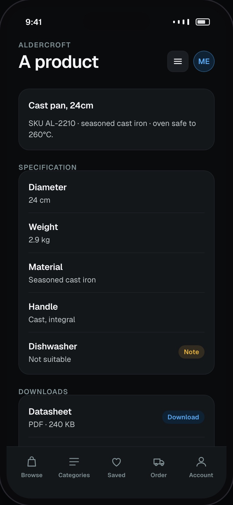 Product detail with specifications, variants, downloads and availability