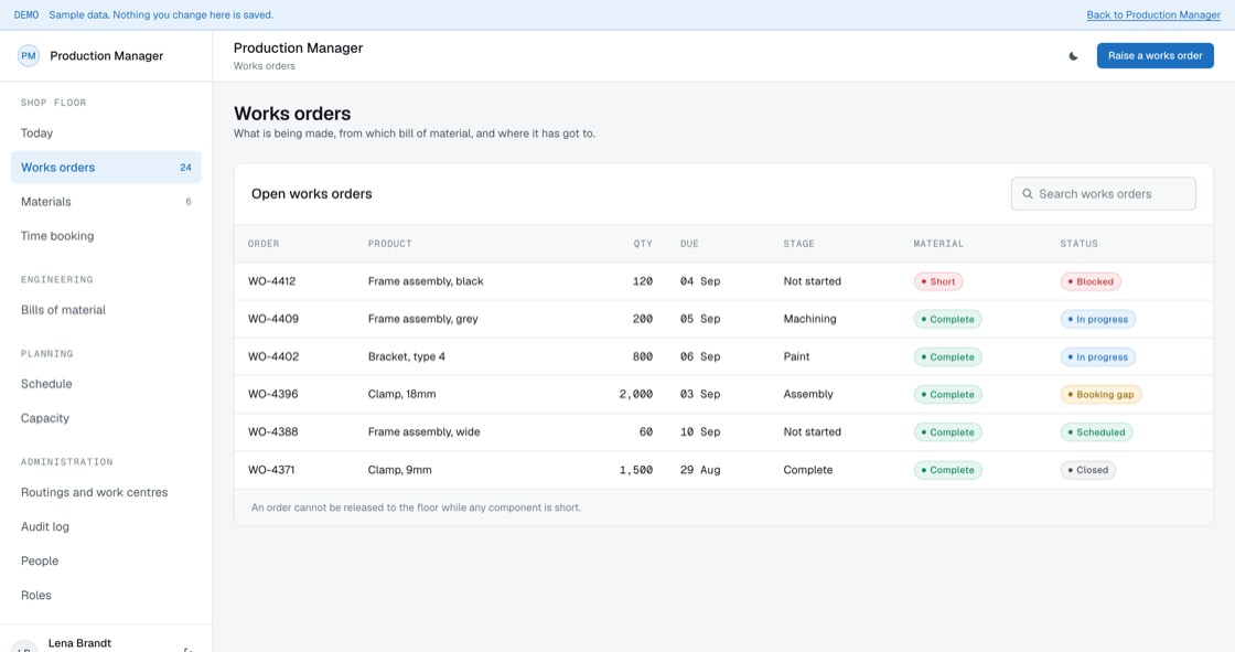 Works order list with product, quantity, due date, stage, material availability and blocked status