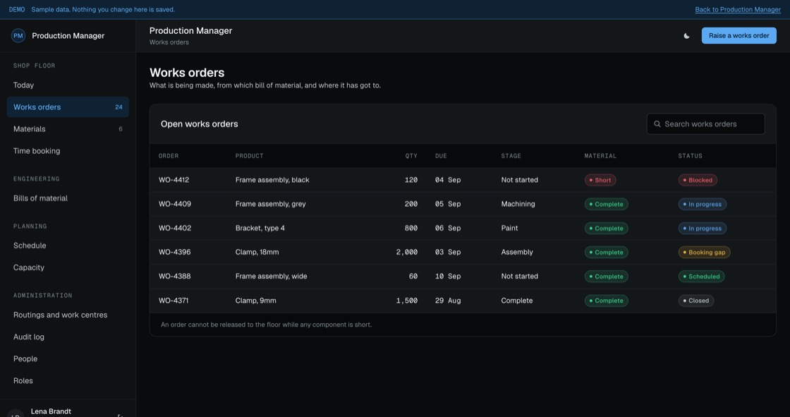 Works order list with product, quantity, due date, stage, material availability and blocked status