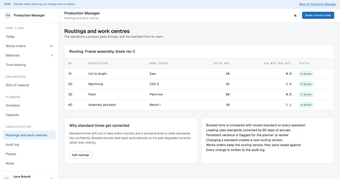 Routing detail showing each operation, work centre, setup time and run time per unit