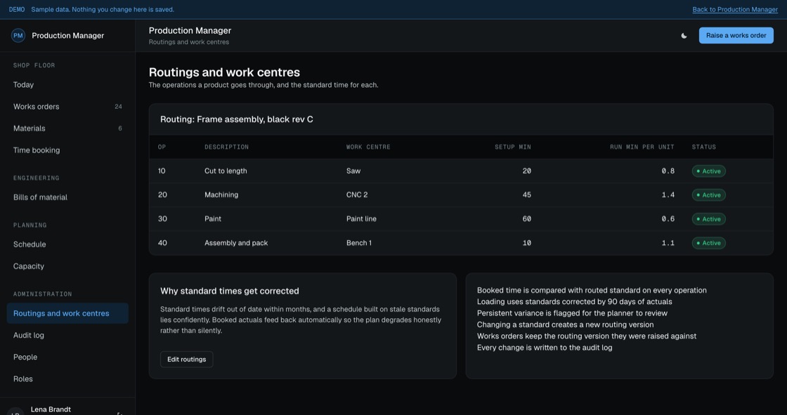 Routing detail showing each operation, work centre, setup time and run time per unit