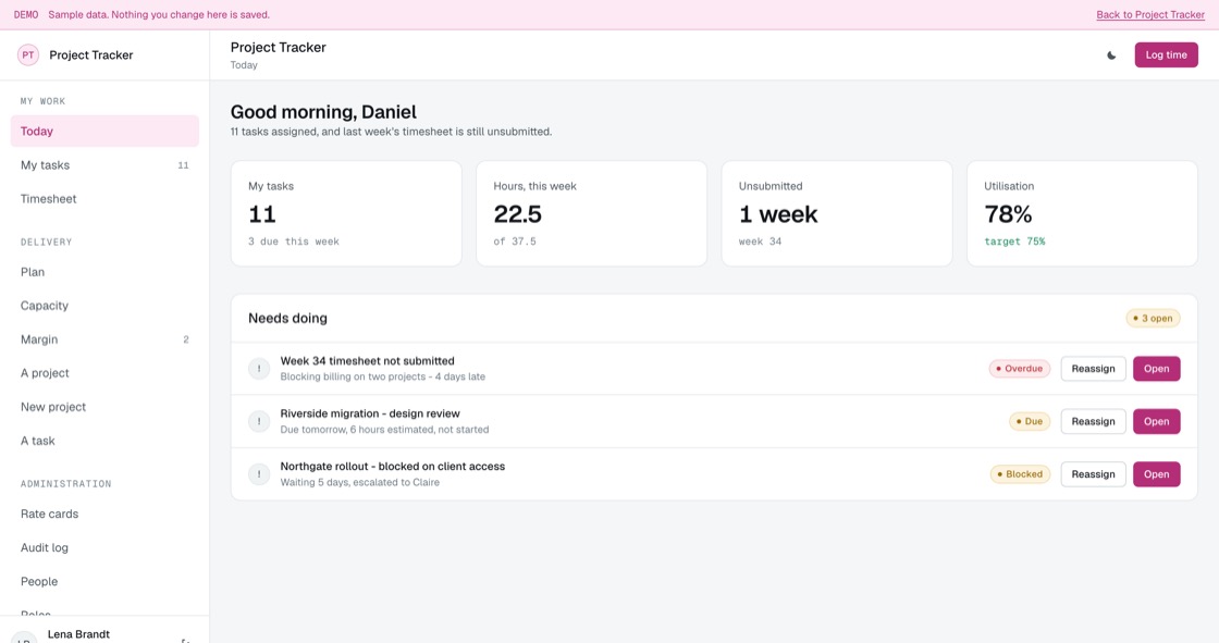 Project Tracker dashboard showing assigned tasks, hours logged, unsubmitted timesheets and utilisation
