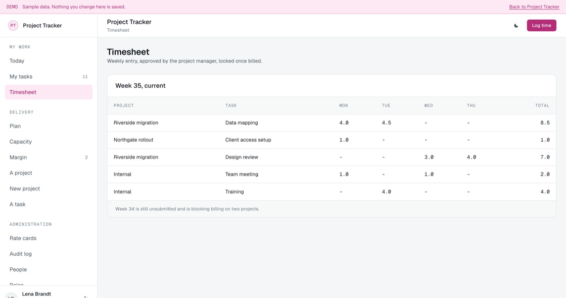 Weekly timesheet grid by project and task with daily hours