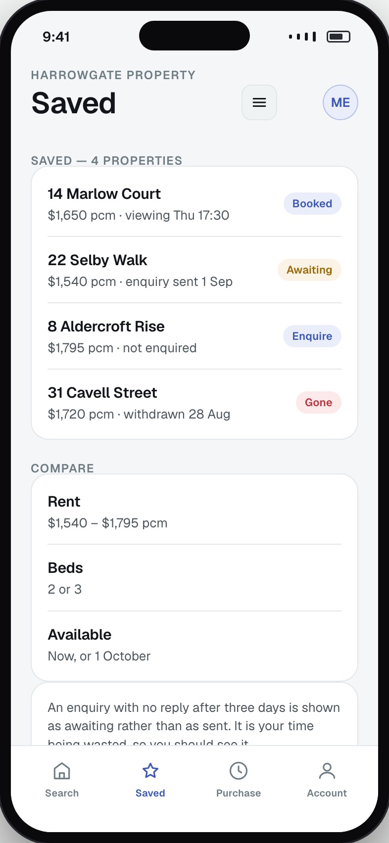 Saved properties compared side by side with viewing status