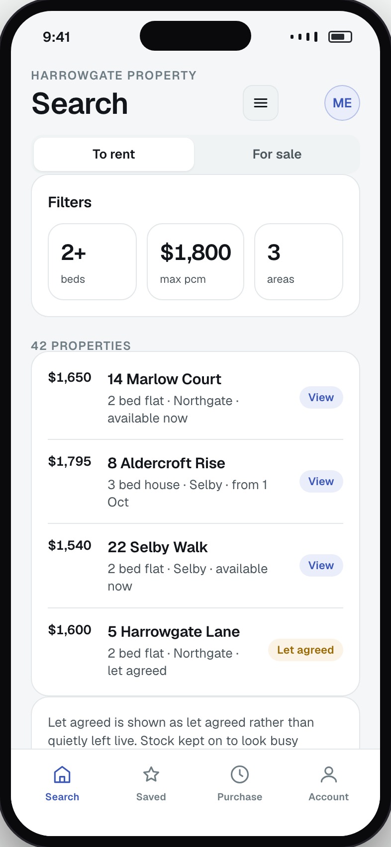 Property search results with price, type and key details per listing