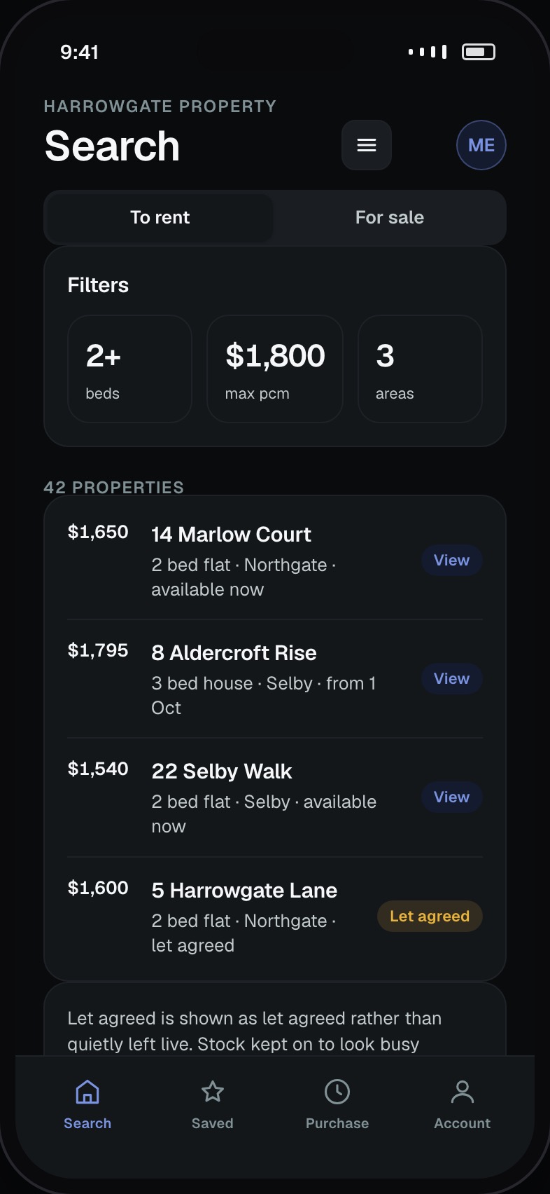 Property search results with price, type and key details per listing